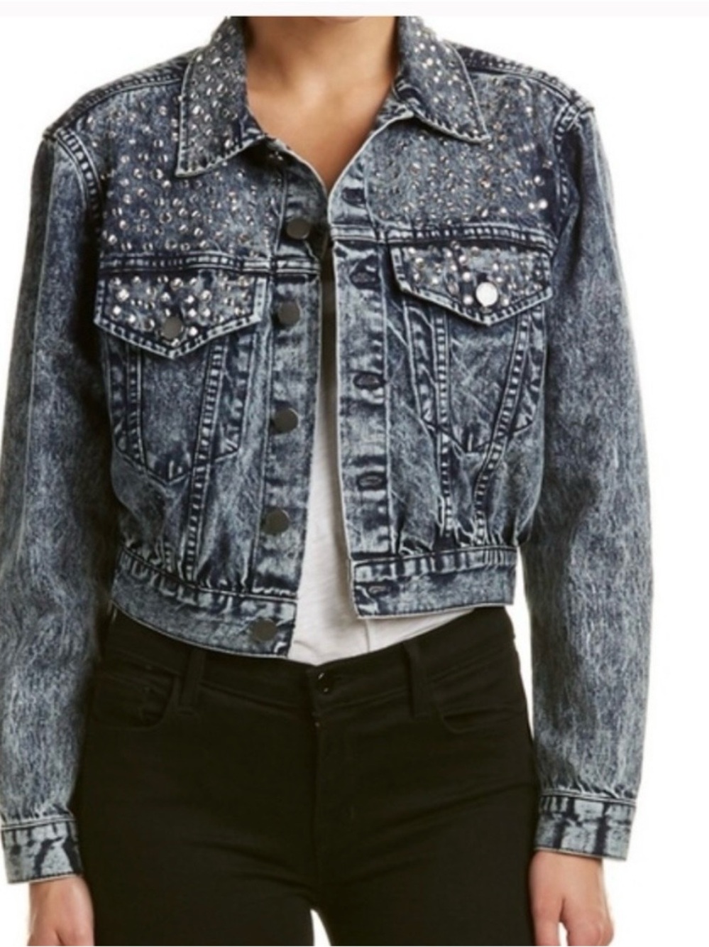 Alice + Olivia Chloe Rhinestone Studded Denim Jacket Cropped Acid Wash Small